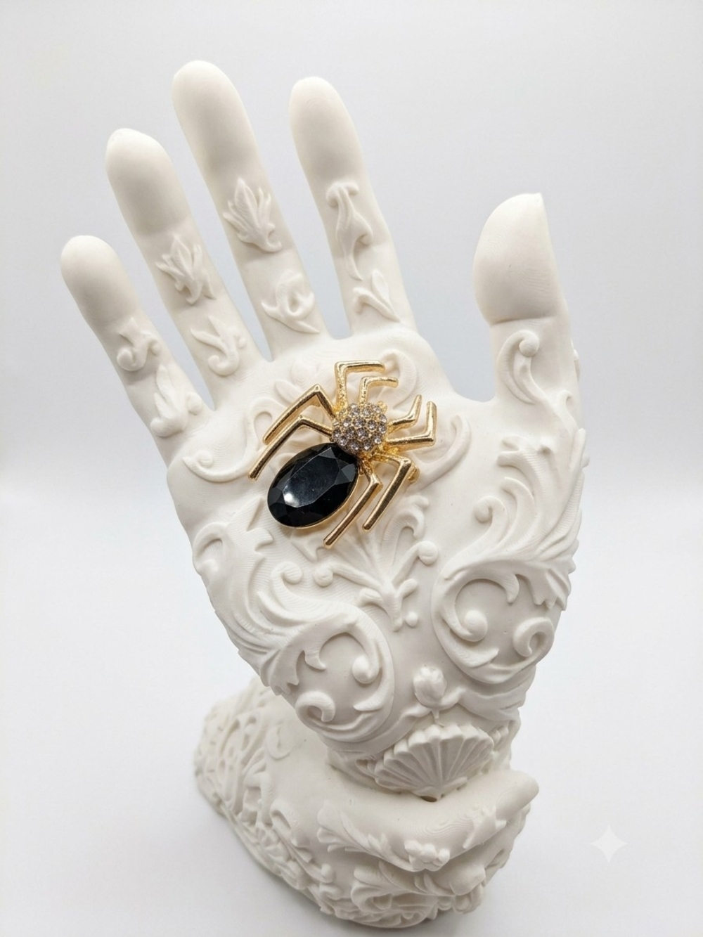 Gold Tone Spider Brooch with Black Gem Accent